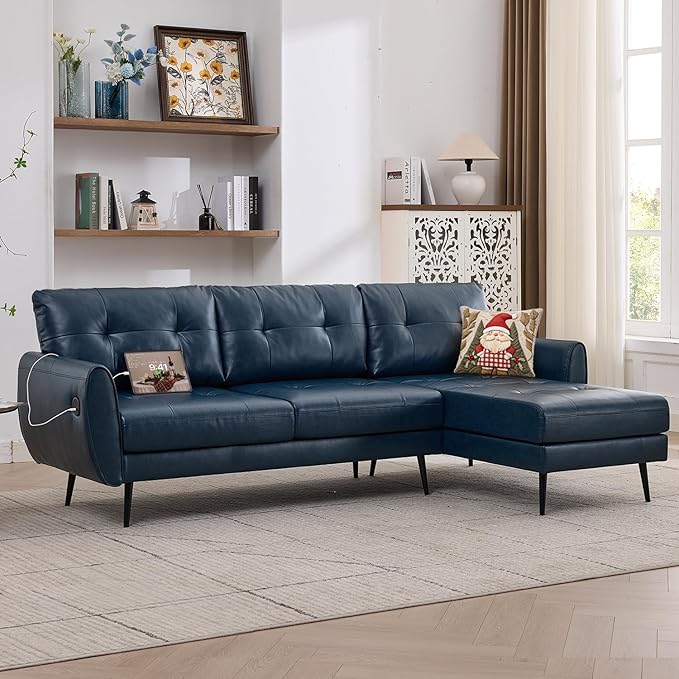TYBOATLE 3 Seat L Shaped Leather Sectional Couches for Living Room, Faux Leather Couch w/USB & Type-C Charging Port, Small Sectional Sofa w/Deep-Seat Chaise (Blue)