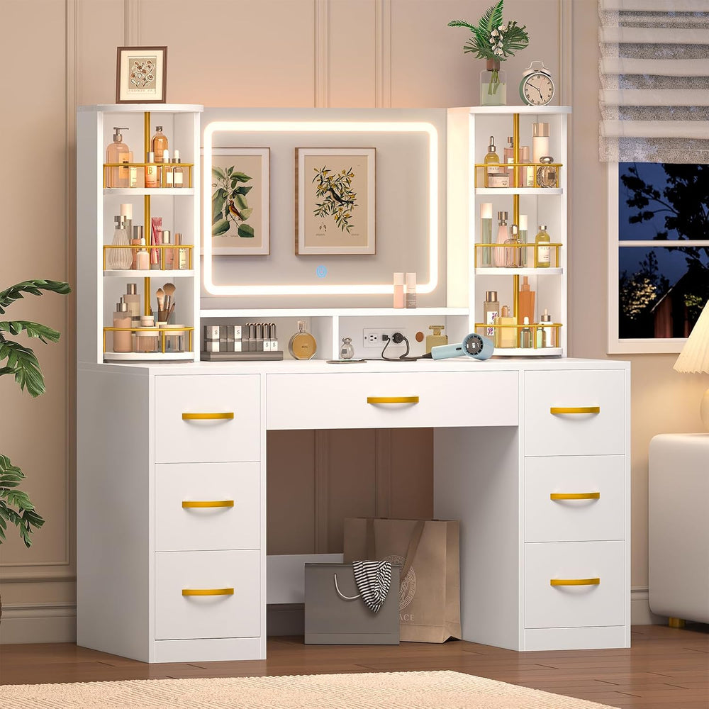 Vanity Desk with Mirror and Lights, 360° Rotating Shelves, 7 Drawers | White ...