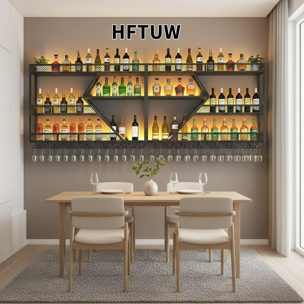 94in 4 Tier Modern Wall Mounted Wine Rack w/LED Light, Metal Wall Bar Shelves Wall Mounted w/Glass Holder, Large Liquor Shelf for Liquor Bottles for Home Bar & Dining Room(Gold-Yellow Led)