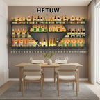 94in 4 Tier Modern Wall Mounted Wine Rack w/LED Light, Metal Wall Bar Shelves Wall Mounted w/Glass Holder, Large Liquor Shelf for Liquor Bottles for Home Bar & Dining Room(Gold-Yellow Led)