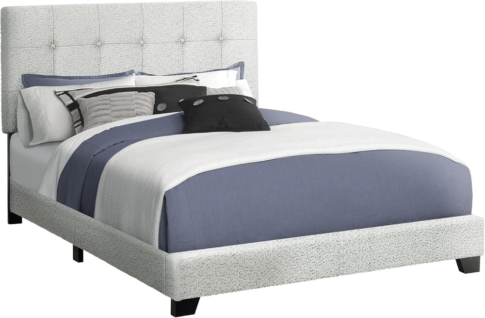 Peanu Queen Bed Frame, Upholstered Tufted Headboard, Light Grey