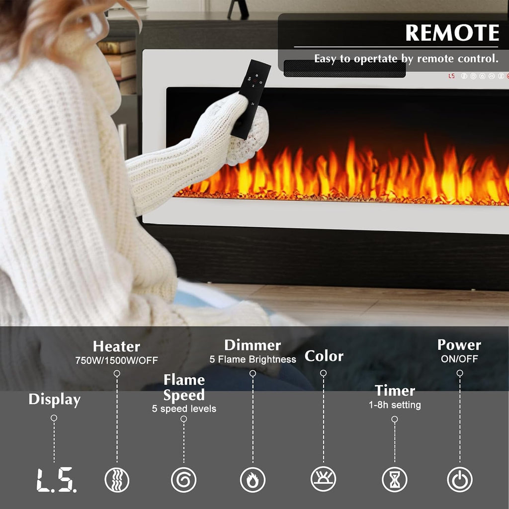 70" Black TV Stand with 36" White Electric Fireplace, 750W/1500W Entertainment Center for TVs up to 80", 20-Color LED, 300lbs Max Capacity High Gloss Cabinet, Two-Tone Style