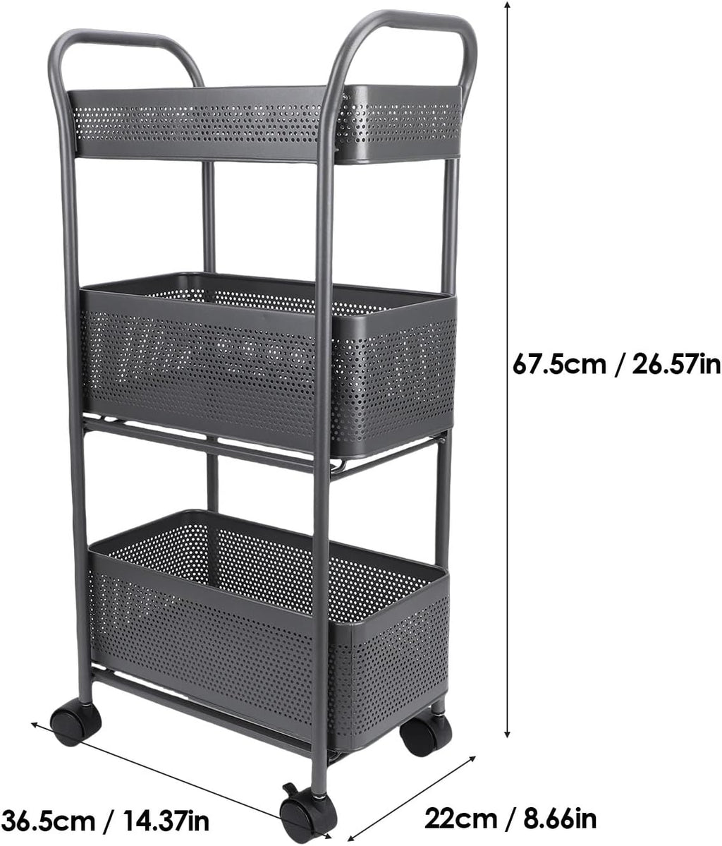 3 Tier Rolling Cart, Steel Multi Functional Movable Storage Organizer with Sliding Mesh Basket and 4 Quiet Wheels for Kitchen Bathroom Bedroom Living Room Laundry Room