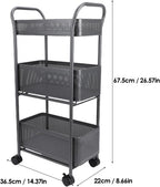 3 Tier Rolling Cart, Steel Multi Functional Movable Storage Organizer with Sliding Mesh Basket and 4 Quiet Wheels for Kitchen Bathroom Bedroom Living Room Laundry Room