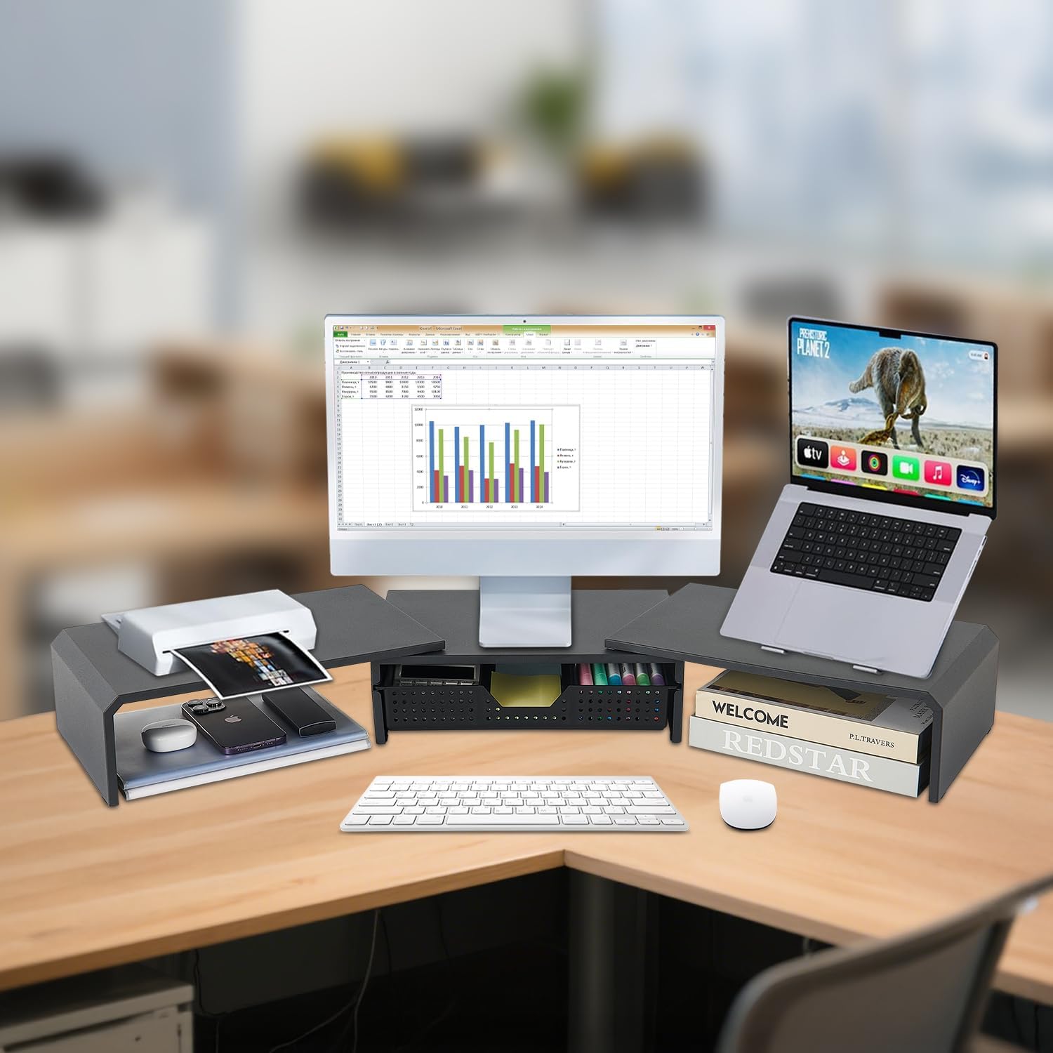 Dual Monitor Stand Riser with Drawer, Computer Stand for Desk, Workspace Desktop Stand, Desk Organizer for Computer, Laptop, TV and More (Black)