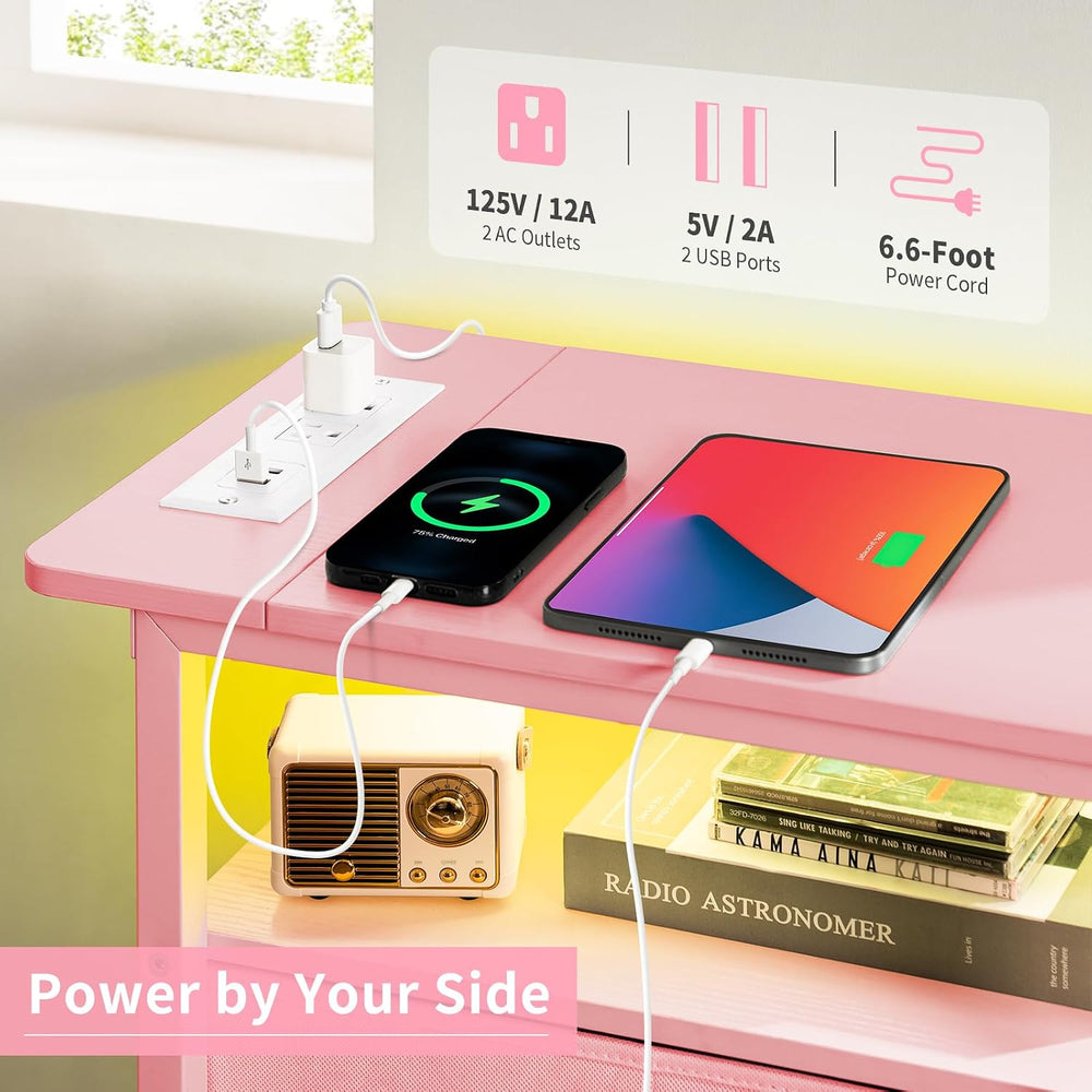 Yoobure End Table with Charging Station, Pink Narrow Nightstand LED Bedside T...