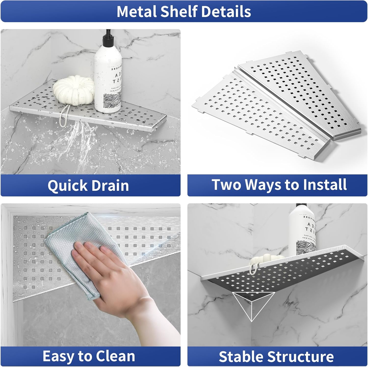 Corner Shower Shelf, Brushed 12" Trapezoid Floating Shelf, 304 Stainless Steel Grid Design Recessed Bathroom Shelf for Tiled Wall, No Drilling