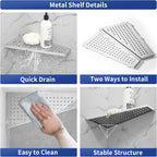Corner Shower Shelf, 12" Trapezoid Grout in Shelf, 304 Stainless Steel Grid Design Recessed Bathroom Shelf for Tiled Wall