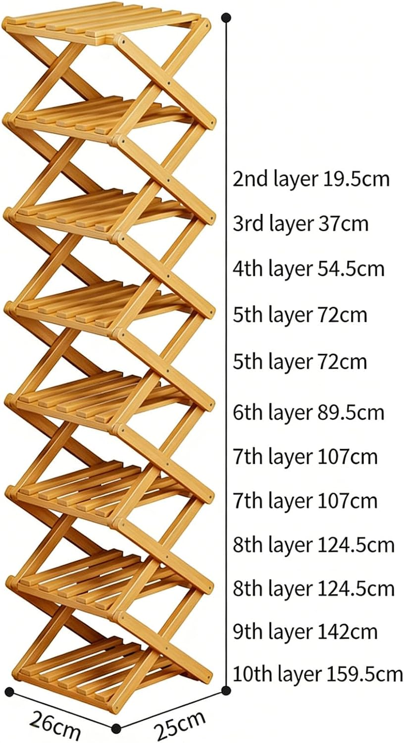 2-10 Tiers No-Assembly Bamboo Rack, No-Tool Assembly, Foldable Storage Shelf, Vertical Shoe Organizer for Small Spaces, The 9-Tier No-Assembly Bamboo Rack (Natural,9 Tier)