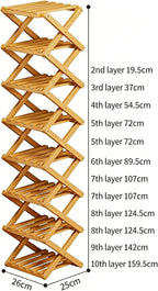 2-10 Tiers No-Assembly Bamboo Rack, No-Tool Assembly, Foldable Storage Shelf, Vertical Shoe Organizer for Small Spaces, The 9-Tier No-Assembly Bamboo Rack (Natural,9 Tier)