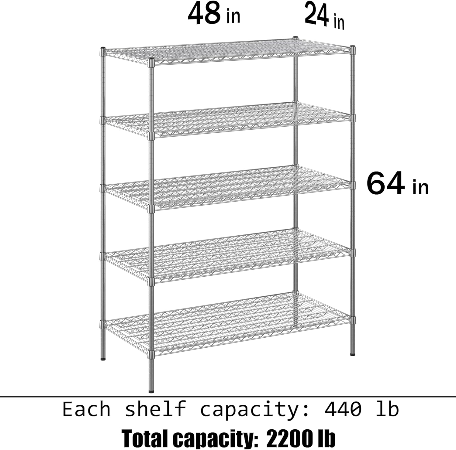 24" Deep x 48" Wide x 64" Height Wire Shelving Kit | 5-Tier | NSF Commercial Storage Rack Unit