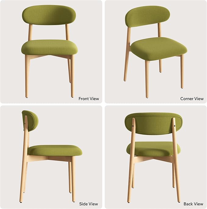 Wooden Dining Chair Set of 6, Modern Dining Chairs with with Curved Back, Fabric Upholstered Kitchen Dining Room Chairs with Adjustable Legs for Farmhouse Dining Living Room,Green