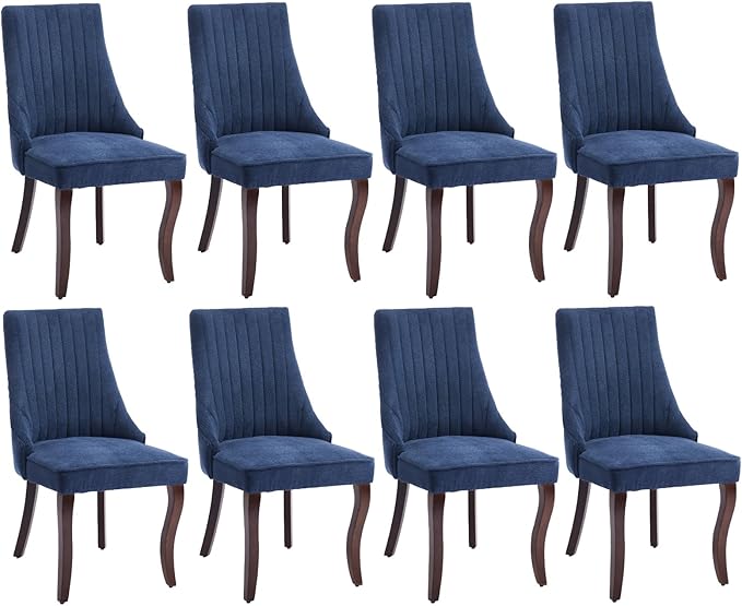 Dining Room Chairs Set of 8，Linen Channel Tufted Kitchen Dining Room Chair with Curved Solid Wood Legs, Comfortable Fabric Upholstered Dining Chair for Dining Room, (Blue 8pc)