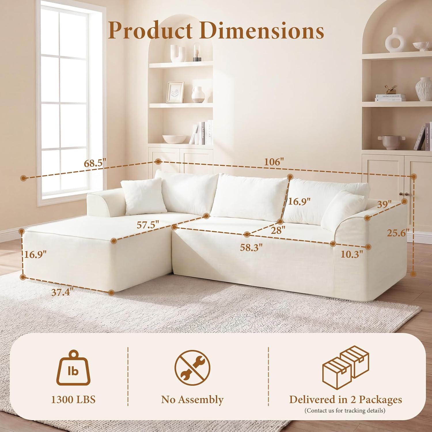 Vesgantti 106" Cloud Couch Sectional Modular Sofa, Deep Seat Comfy Cloud Couch Chenille Memory Foam Sofa Modular Couches for Living Room Bedroom, No Assembly Required (Beige, Left-Facing Chaise)