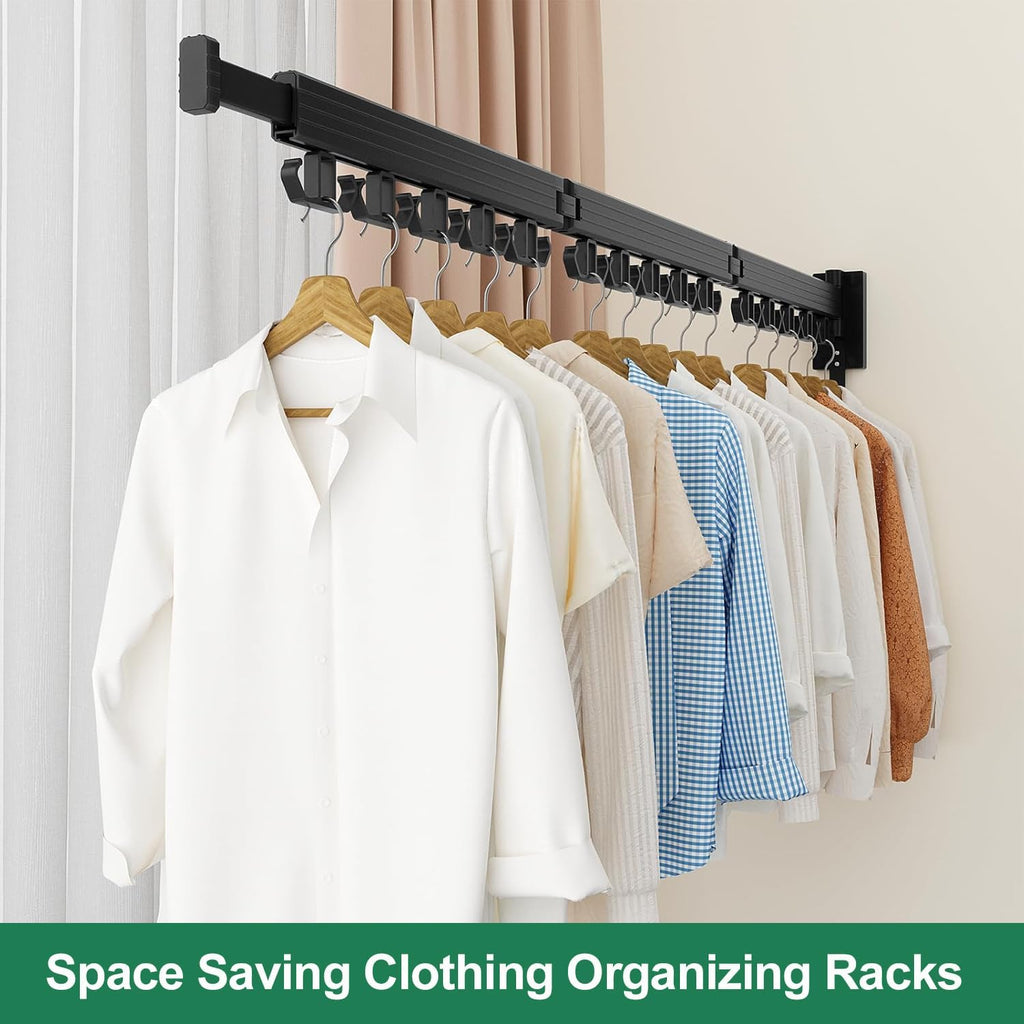 Wall Mount Clothes Drying Rack, Wall Mounted Drying Rack, Upgraded 3-Fold & Sturdy Laundry Drying Rack with 12 Dual-Side Hooks Space Saver for Laundry Room, Apartment, Dorms - Black