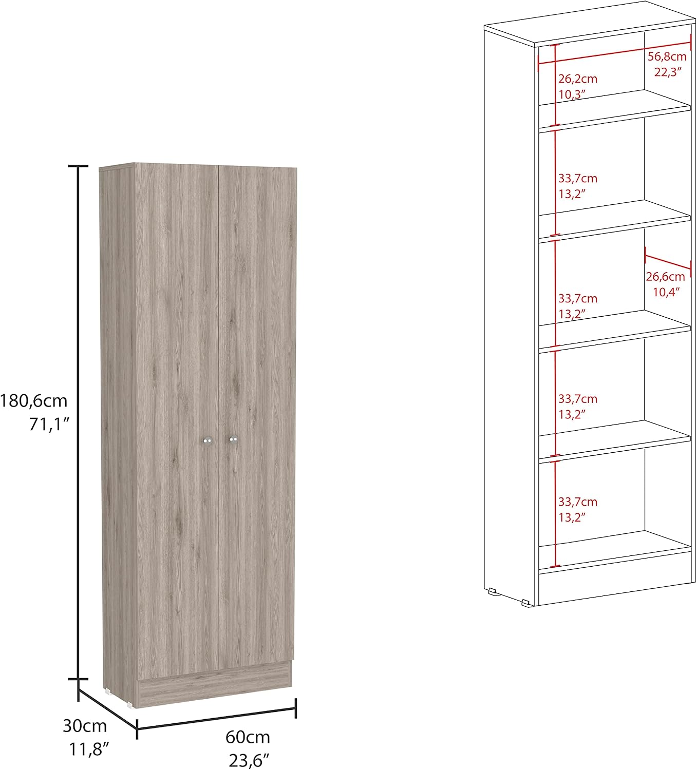 Multistorage Pantry Cabinet,Five Shelves,Double Door Cabinet for Kitchen,Laundry,Living Room,Bedroom-Light Gray