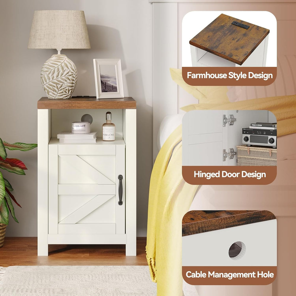 MXV Farmhouse Nightstands with Charging Station, End Tables Set of 2 with Bar...