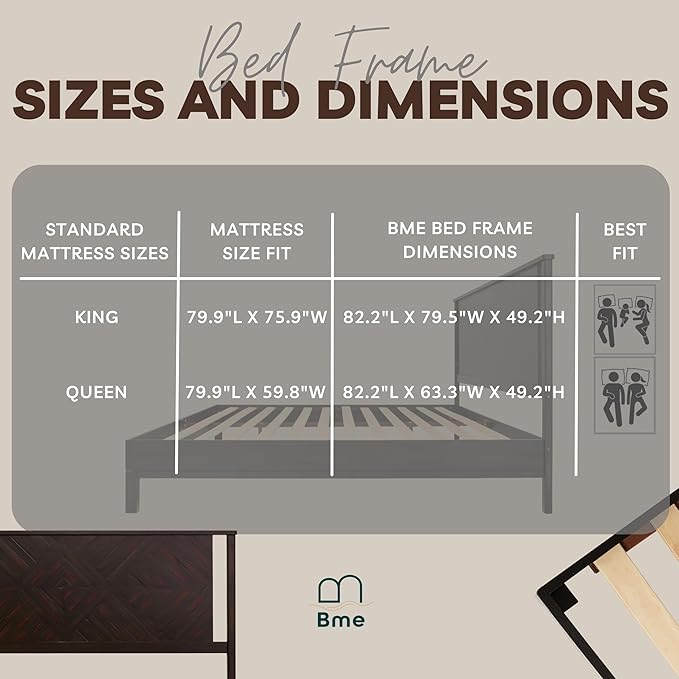 Bme Ethan King Size Bed Frame with Diamond Headboard, Rustic Mid-Century Modern, Solid Acacia Wood, No Box Spring Needed, Slat Support, Rustic Black