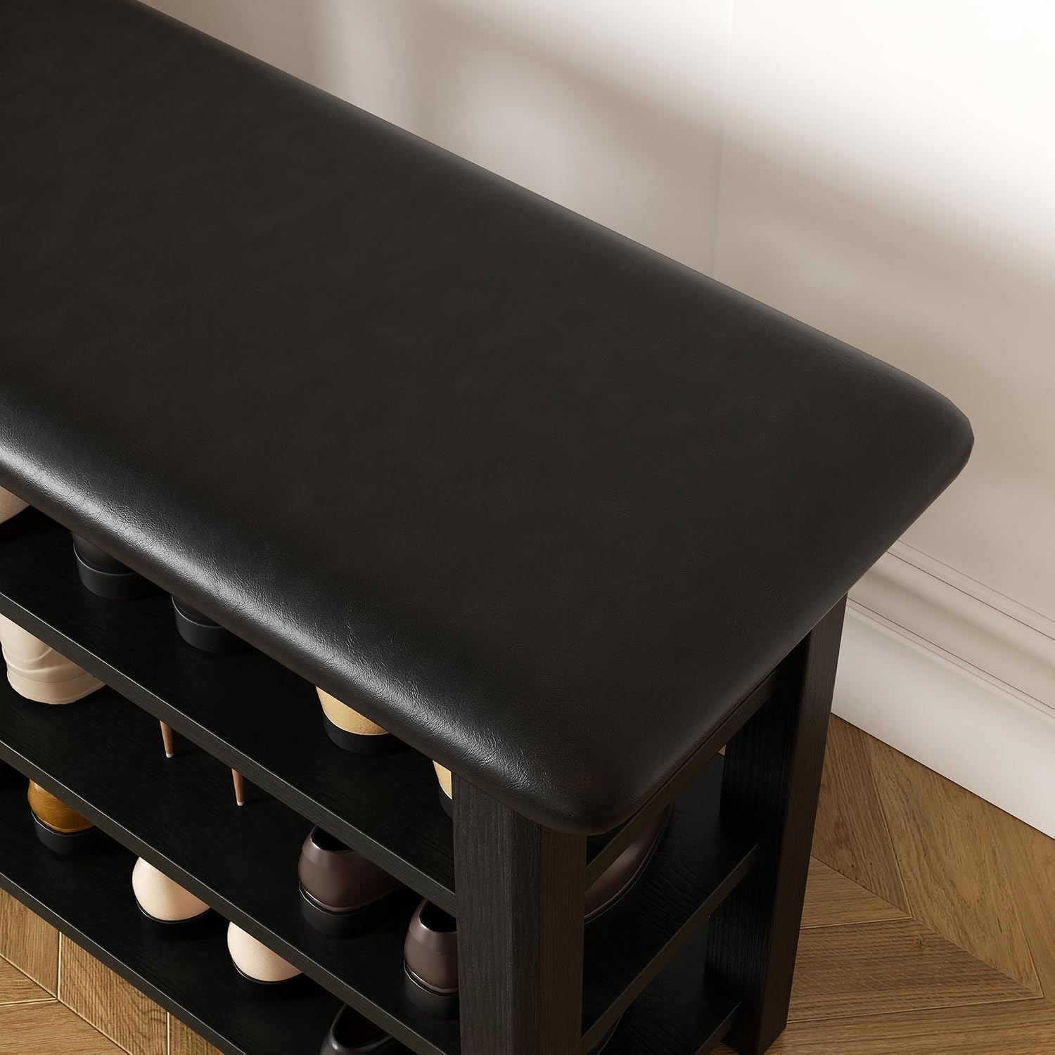 Shoe Rack Bench with Leather Cushion 3-Tier Shoe Rack Organizer for Entryway Hallway or Living Room Farmhouse Rustic Wooden Seat Bench Black 11.8" Dx23.6 Wx20.4 H