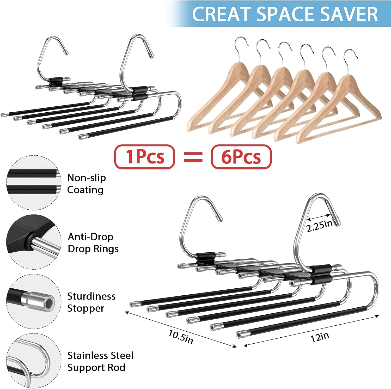 Upgrade 6 Layers Pants Hangers Space Saving, 2 Pack Stainless Steel Multifunctional Rack Non Slip S-Type Pant Closet Organizer Saver for Leggings Jeans Trousers Scarf, Black