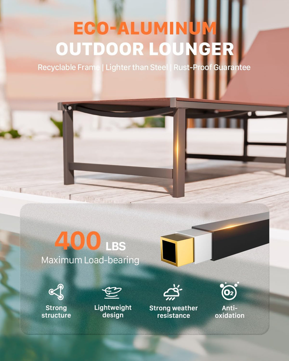 Aluminum Patio Chaise Lounge Chair Outdoor,Brown