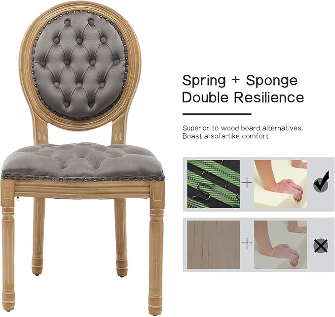 French Country Dining Chairs Set of 8, Gray Kitchen & Dining Room Chairs, Velvet Kitchen Chairs, Tufted Upholstered, Wood Legs, Sillas De Comedor (Velvet, Grey, 8 Pcs)
