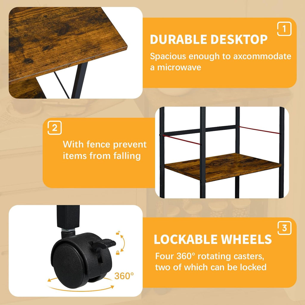 Microwave Stand with Storage, 3-Tier Rolling Kitchen Cart Table with Wire Basket, Wood and Metal Utility Cart on Wheels, Small Coffee Bar Station Cart As Kitchen Island, Microwave Shelf Organizer