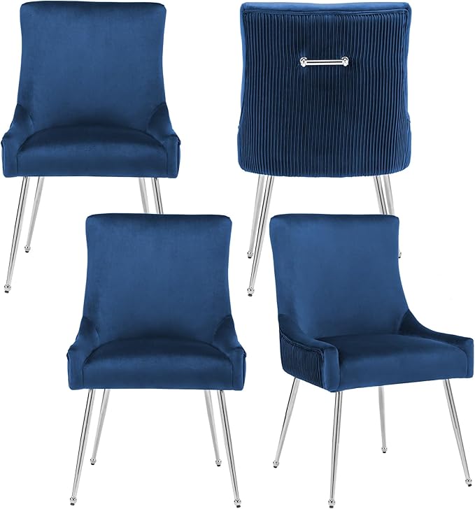 Velvet Dining Chairs Set of 4 with Silver Metal Legs, Modern Upholstered Kitchen Chair with Pull Handle & Pleated Back, Mid Century Accent Chair for Vanity,Dining,Kitchen,Living Room, Dark Blue