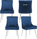 Velvet Dining Chairs Set of 4 with Silver Metal Legs, Modern Upholstered Kitchen Chair with Pull Handle & Pleated Back, Mid Century Accent Chair for Vanity,Dining,Kitchen,Living Room, Dark Blue