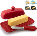 Zulay Kitchen Butter Dish With Lid For Countertop - Porcelain White, Ceramic Butter Dish with Knob Handle Great for Cooking - Elegant Design Butter Holder - Durable & Sturdy Butter Keeper - Red
