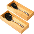 Bamboo Kitchen Utensils Organizer, Extra High Silverware Drawer Tray, Flatware Cutlery Storage Box, Multi-Use Holder in Office, Bathroom, Pantry - 15"x6"x2.5" (Set of 2)