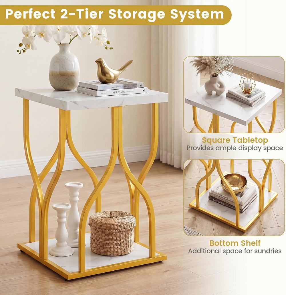 Giantex 2-Tier End Table, Faux Marble Bedside Night Stand with Storage Shelf ...