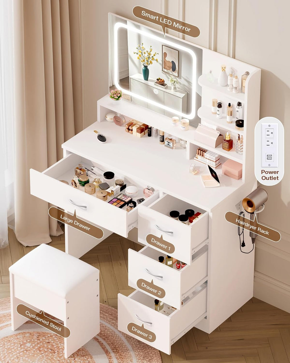 LIVELYGLOW White Makeup Vanity Desk with Charging Station & 4 Drawers | S...