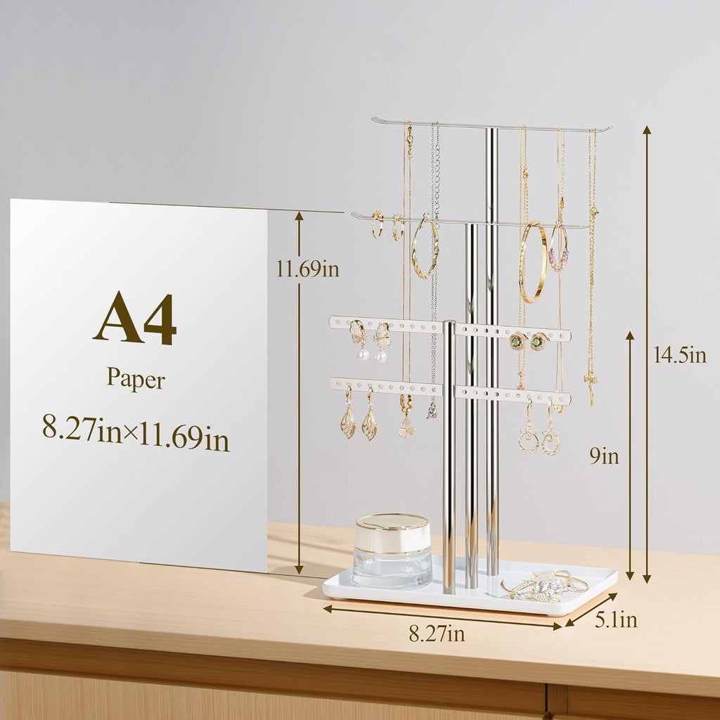 pickpiff Silver Jewelry Stand Holder Organizer: 14.5" Sturdy Hanger for 80 Pcs Jewelry, Chrome Jewlery Tower for Display Necklace, Earring, Bracelet, Watch