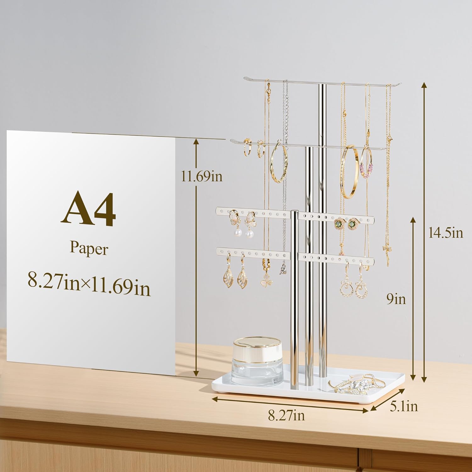 pickpiff Silver Jewelry Stand Holder Organizer: 14.5" Sturdy Hanger for 80 Pcs Jewelry, Chrome Jewlery Tower for Display Necklace, Earring, Bracelet, Watch