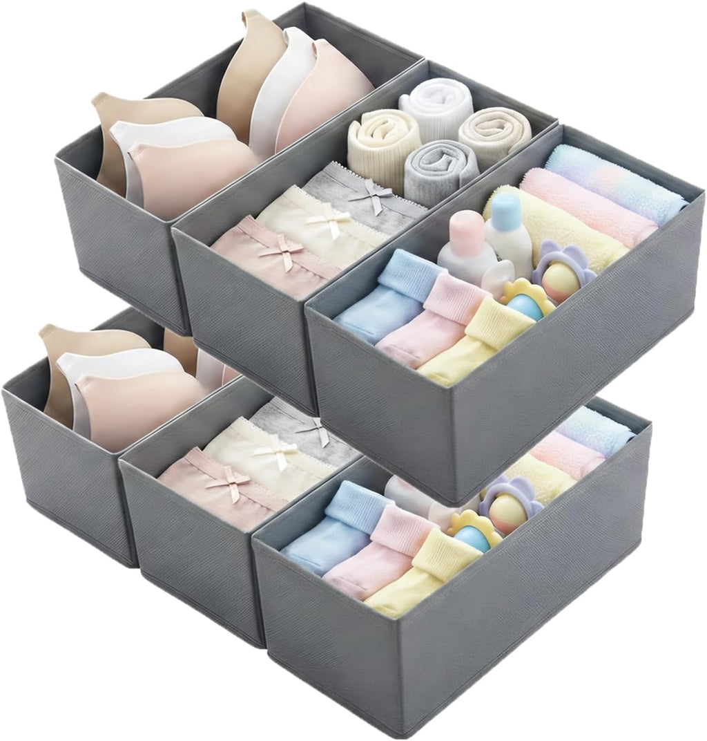 Small Foldable Fabric Drawer Organizer 6 Pack Grey - 11“ Breathable Closet & Dresser Storage Bins for Socks, Underwear, Bras & Baby Clothes