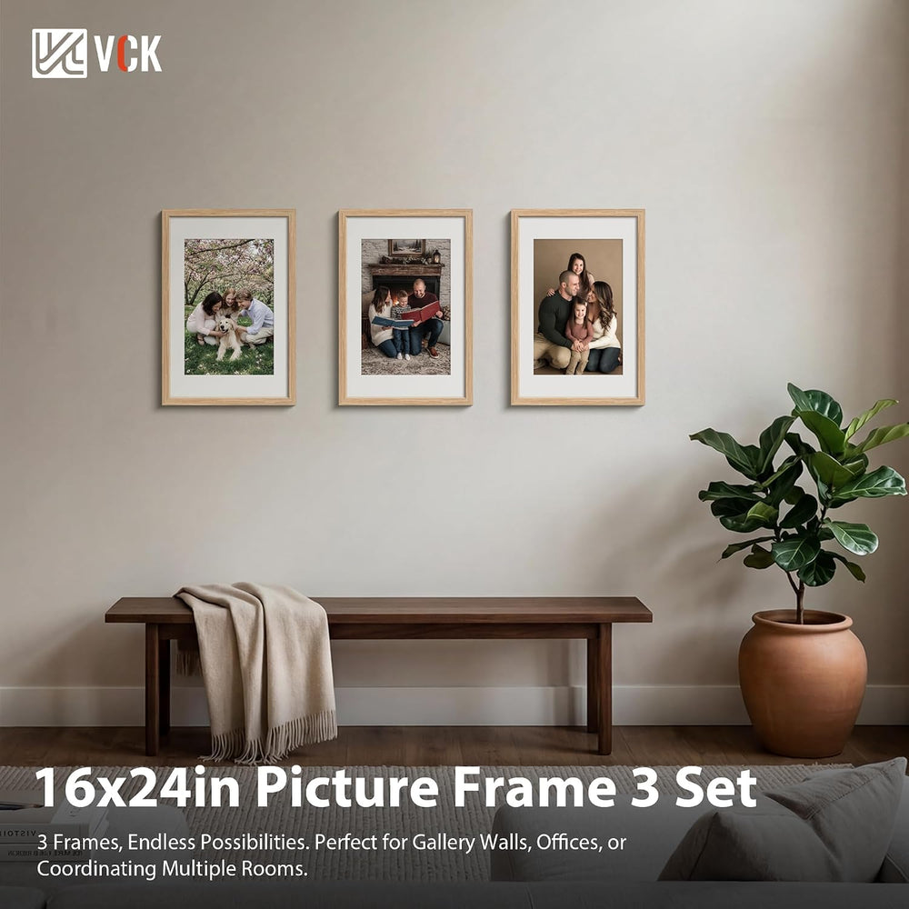 VCK 16x24 Frame 3 Pack, Oak Wood, 12x18 Mat, for Picture Print