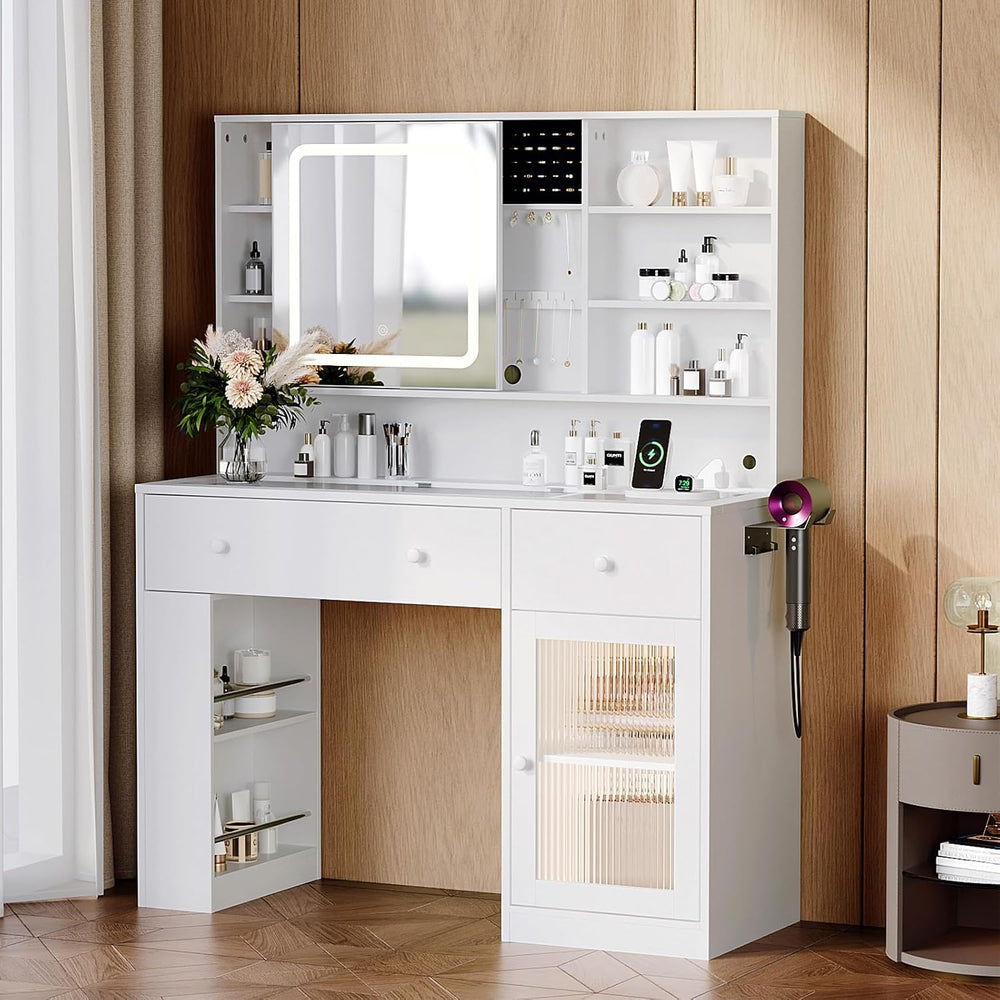 VINGLI Vanity Desk with Sliding Mirror and Lights, Glass Top Makeup Vanity Ta...