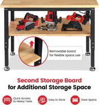 Adjustable Height Work Bench 48 x 20 Workbench for Garage Work Table with Under Table Shelf for Shop Woodworking, Heavy Duty Rubber Wood Top for Office, Home, Commercial