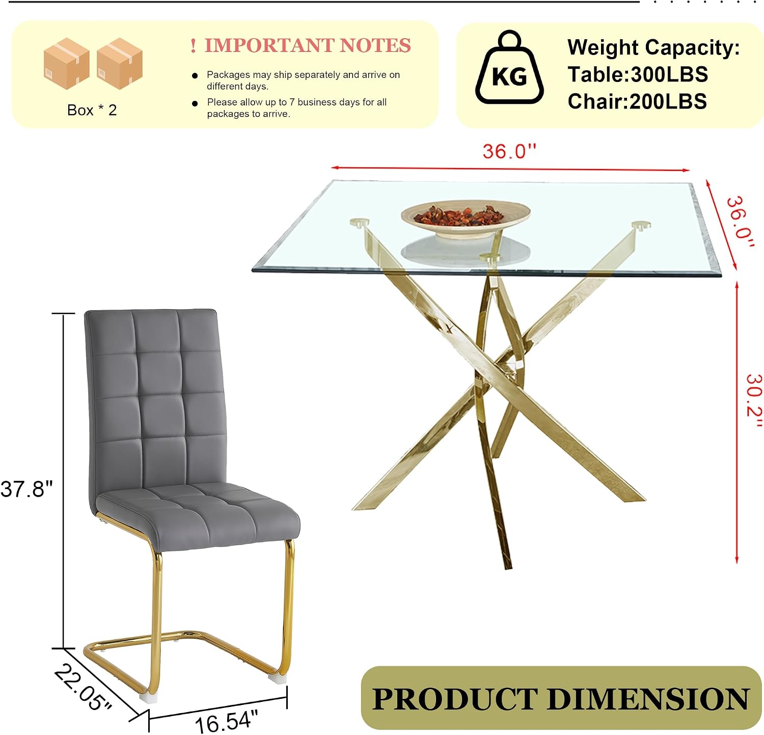 Square Glass Dining Table Set for 4, Modern 36" Clear Tempered Glass Kitchen Table and 4 Grey PU Leather Upholstered Chairs with Gold Stainless Steel Legs, for Apartment, Small Space