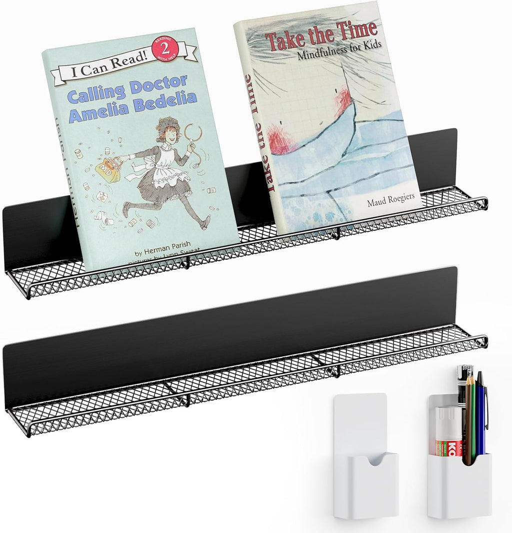 DTUQYX Metal Magnetic Book Shelf: 2-Pack 17” Magnetic Bookshelves for Whiteboard with 2 Pen Containers Strong Adsorption, Durable Floating Book Display Shelf, Movable Office File Holder (Black)