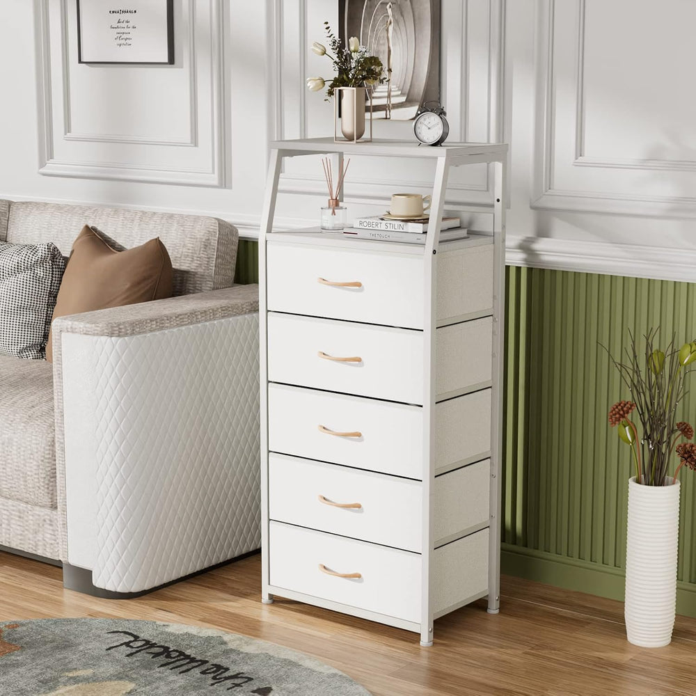 Furnulem White Tall Dresser for Bedroom, 5 Fabric Bins Tall Nightstand | Dorm...