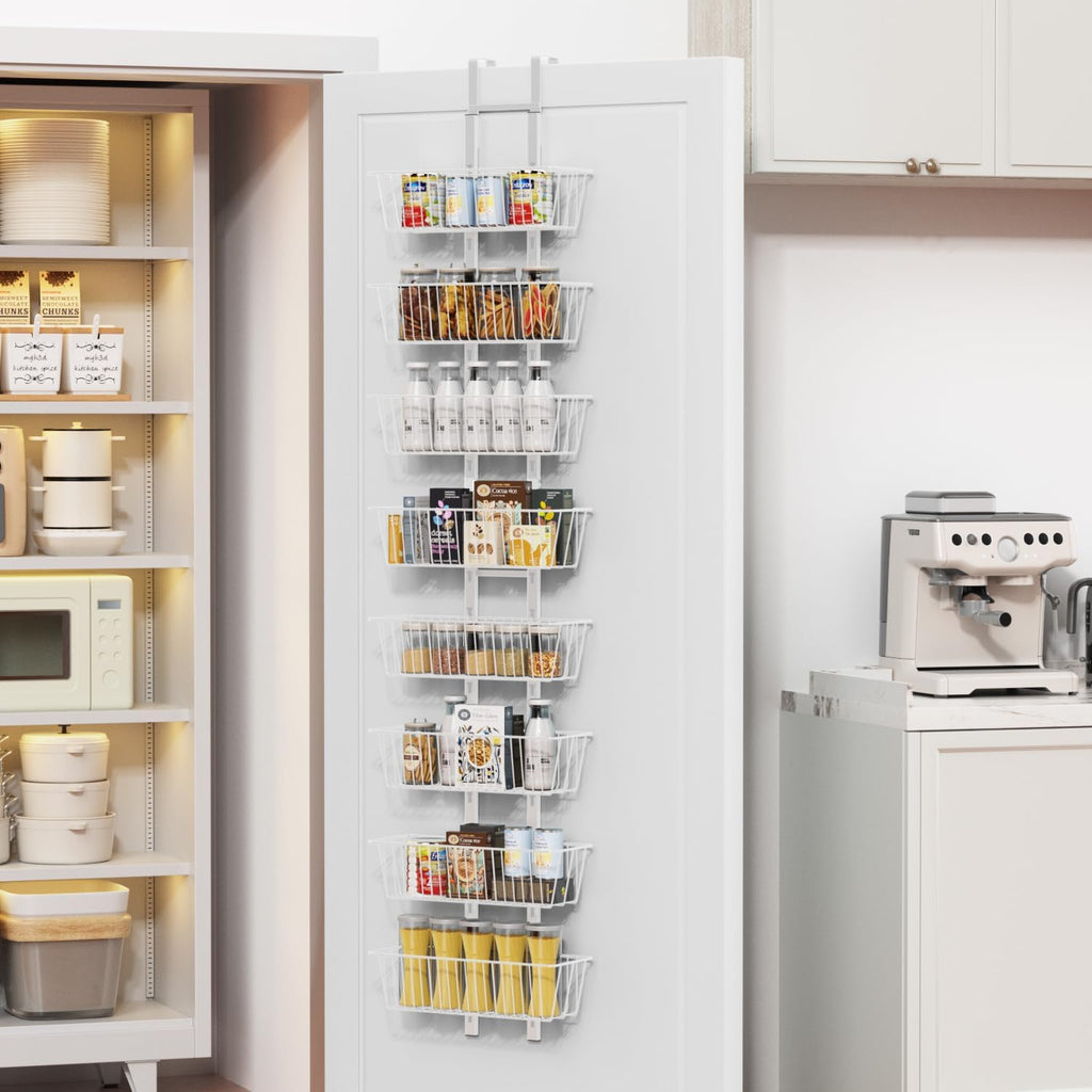 8-Tier Over Door Pantry Organizer with Mesh Baskets, Foldable Metal Hanging Spice Rack with 8 Baskets for Kitchen Organizers and Storage, for Home & Kitchen Laundry Room Bathroom Essentials, White