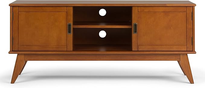 SIMPLIHOME Draper TV Stand - 60 inch Wide Solid Wood Low Media Console in Teak Brown, Mid Century Modern Entertainment Center for Living Room for TVs up to 65 Inches with Cabinets and Cable Management