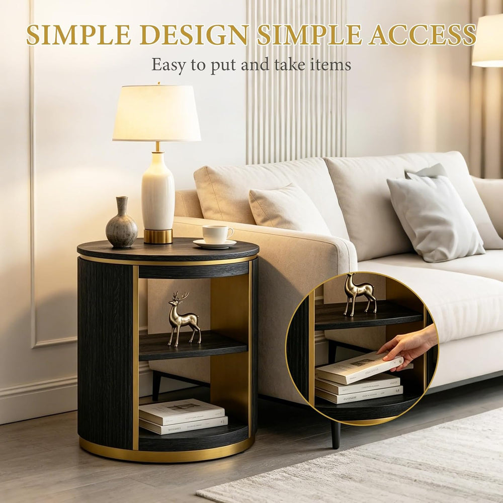 AUZ Round Black and Gold Fluted End Table Set of 2, 22" Mid Century Mode...