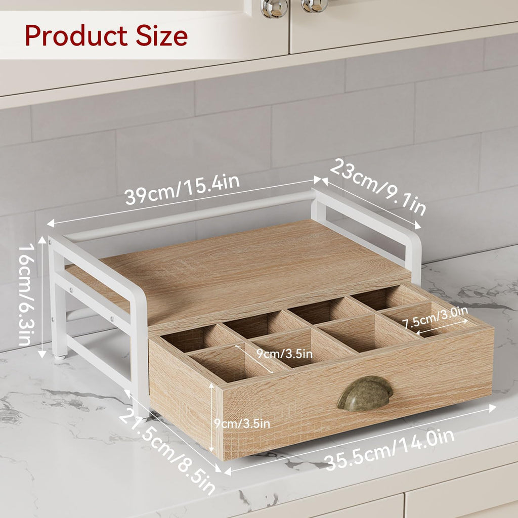 IBUYKE Tea Bag Organizer for Countertop,2 Tier Tea Box Organizer with Drawer,Wood Tea Bag Holder with Metal Frame,Tea Station Organizer for Kitchen Cabinet,Coffee Station,Office,Natural UTCJ004R