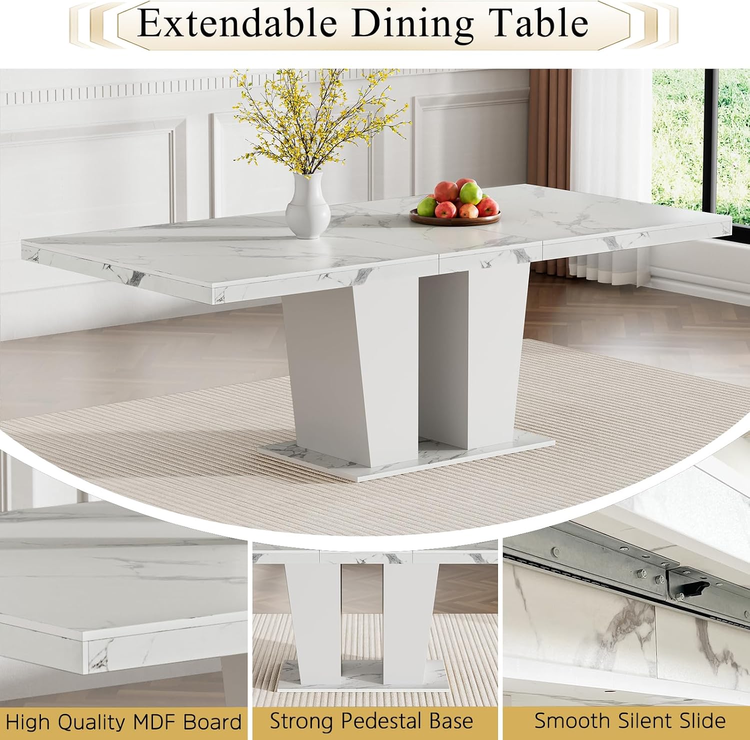 7-Piece Extendable Dining Table Set for 6-8 People 63"-78.7" Kitchen Table Set with 6 Grey Upholstered Chairs Modern White Faux Marble Rectangular Dining Room Table Set for Kitchen Apartment