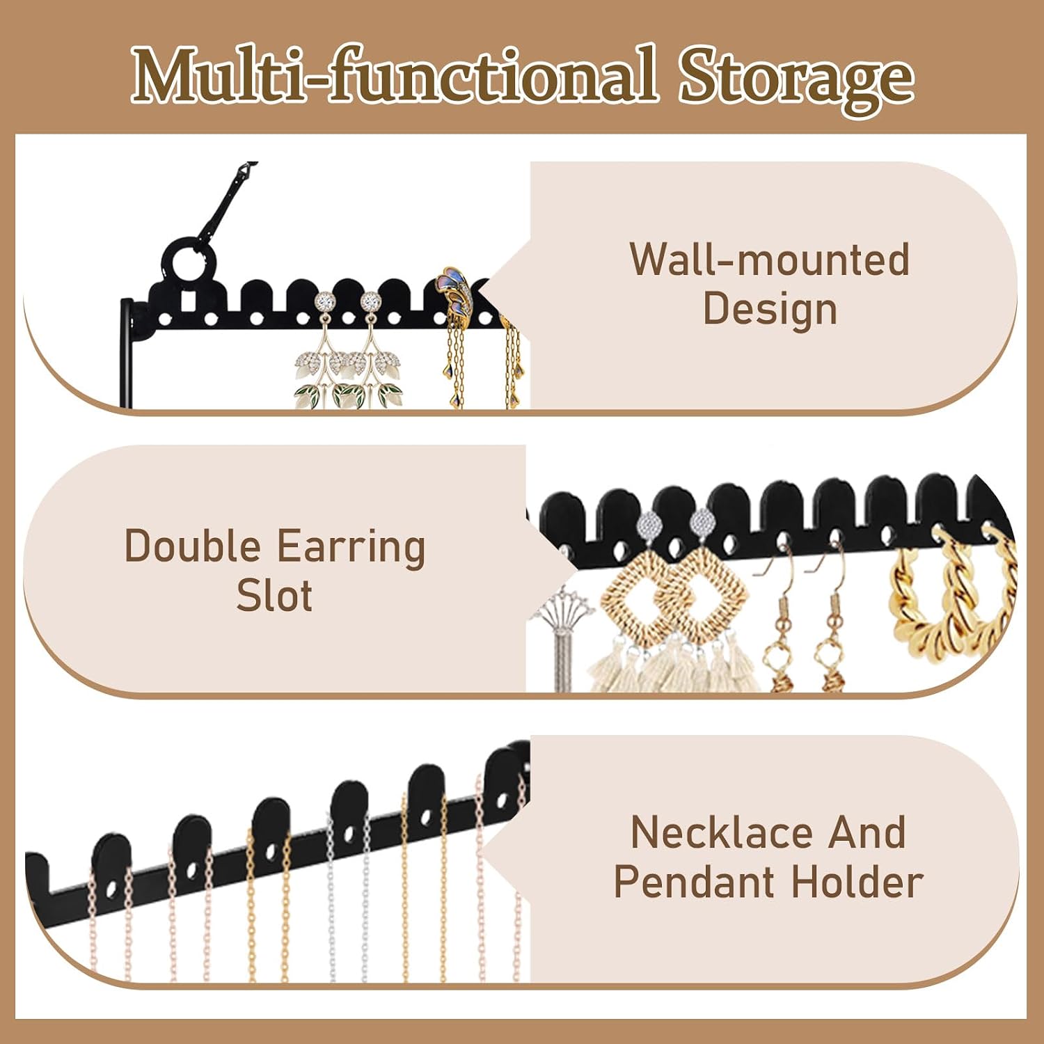 6 Tier Earring Holder Wall Mounted Hanging Earring Organizer, Earring Display Storage with 123 Holes and 129 Grooves Jewelry Organizer Tree for Stud/Hoop/Dangle Earrings Necklace（Black）