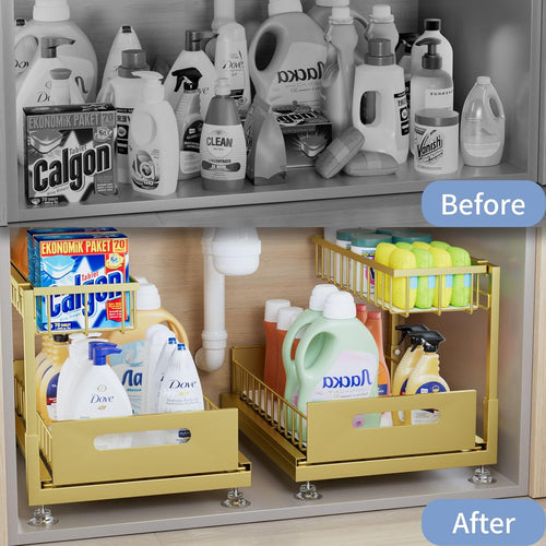 2 Pack Under Sink Organizer Storage 2-Tier Premium Metal Pull-Out Racks, Height Adjustable, Easy Installation | Kitchen & Bathroom Organizers