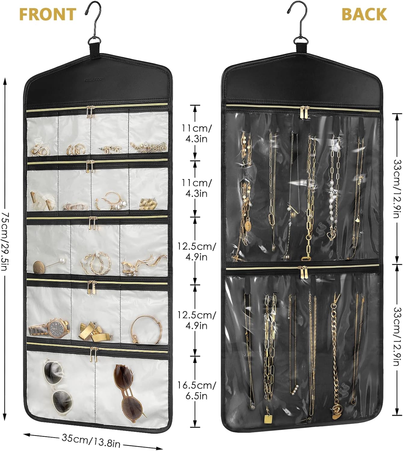 CHICECO Travel Jewelry Holder Organizer,Hanging Jewelry Organizer Storage With Zippered Pockets for Cloest,Wall,Door,Jewelry Holder for Earrings, Necklaces（Beige Black）
